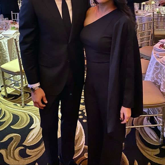 Adrianna Papell Black Formal One Shoulder Drape Sleeve Jumpsuit - Picture 15 of 16